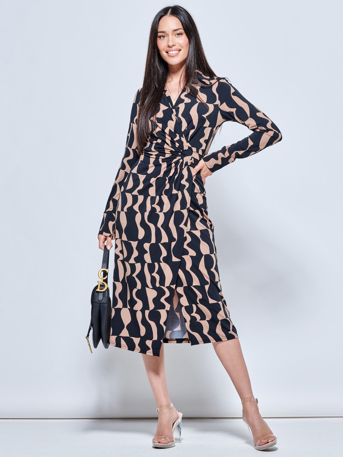 Long Sleeve Printed Jersey Shirt Dress, Brown Pattern