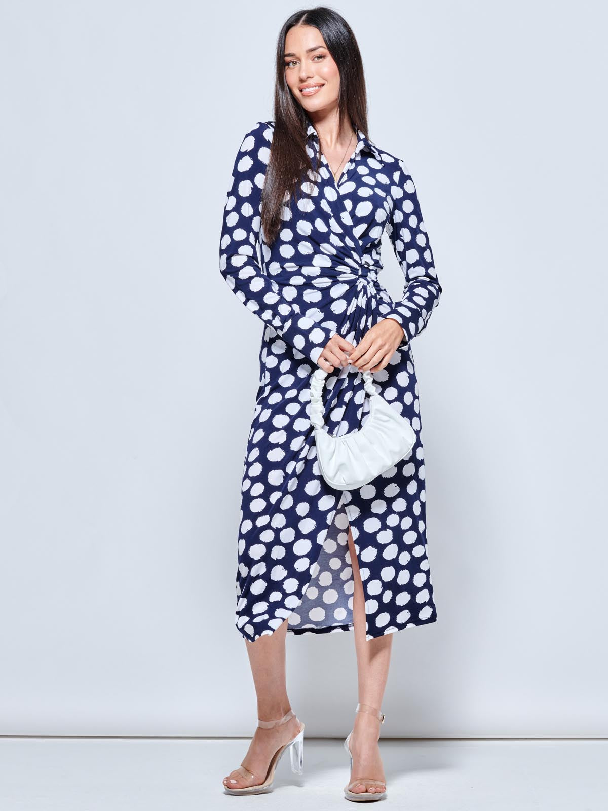 Long Sleeve Printed Jersey Shirt Dress, Navy Polka Dot