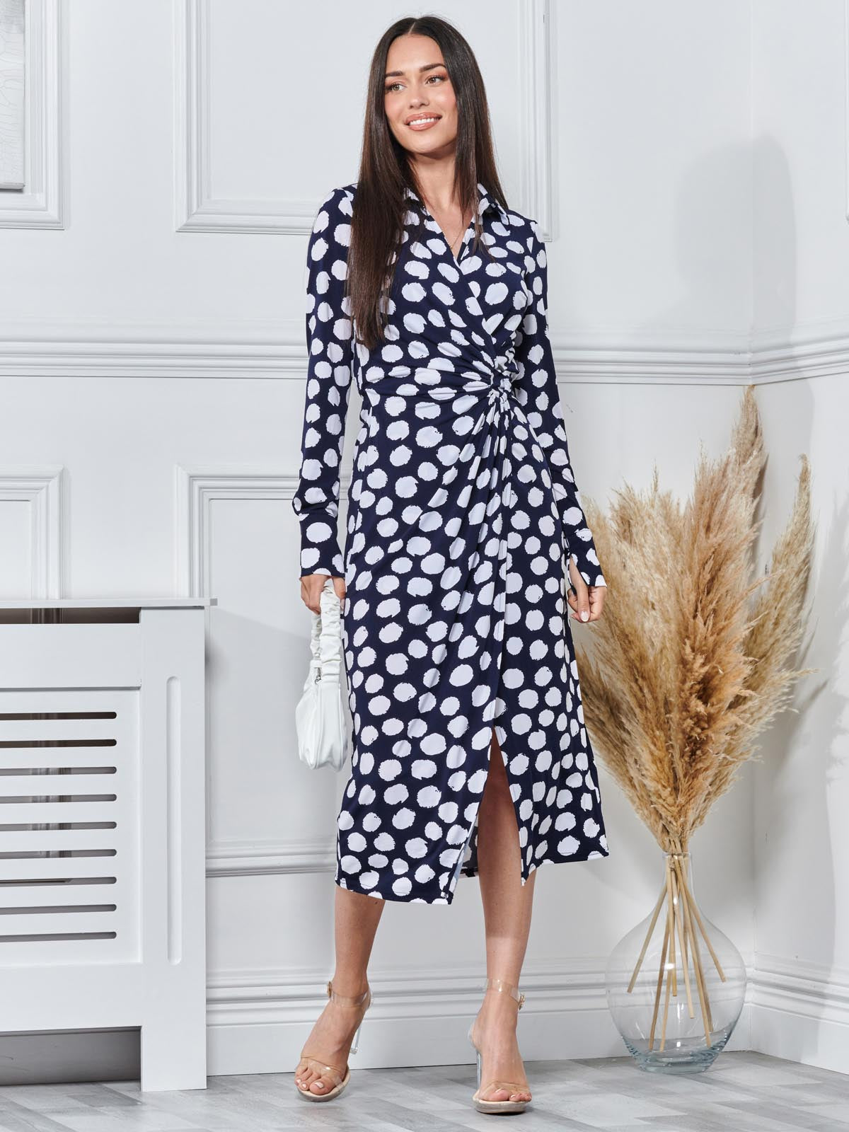 Long Sleeve Printed Jersey Shirt Dress, Navy Polka Dot