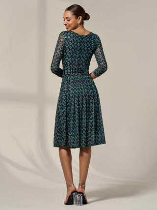 3/4 Sleeve Printed Mesh Dress, Green Geo