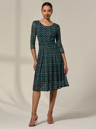 3/4 Sleeve Printed Mesh Dress, Green Geo