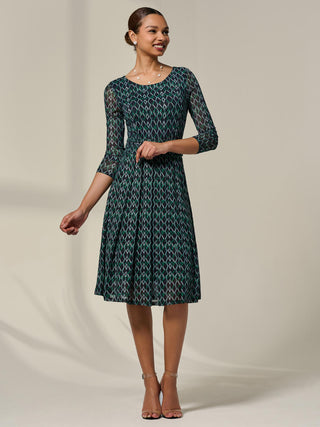 3/4 Sleeve Printed Mesh Dress, Green Geo