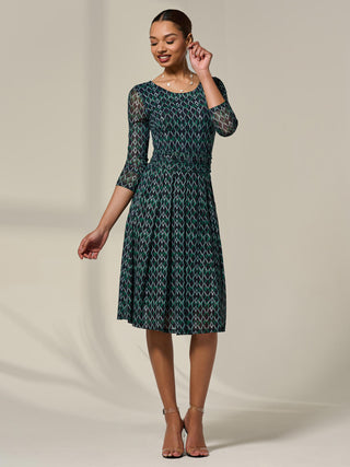 3/4 Sleeve Printed Mesh Dress, Green Geo