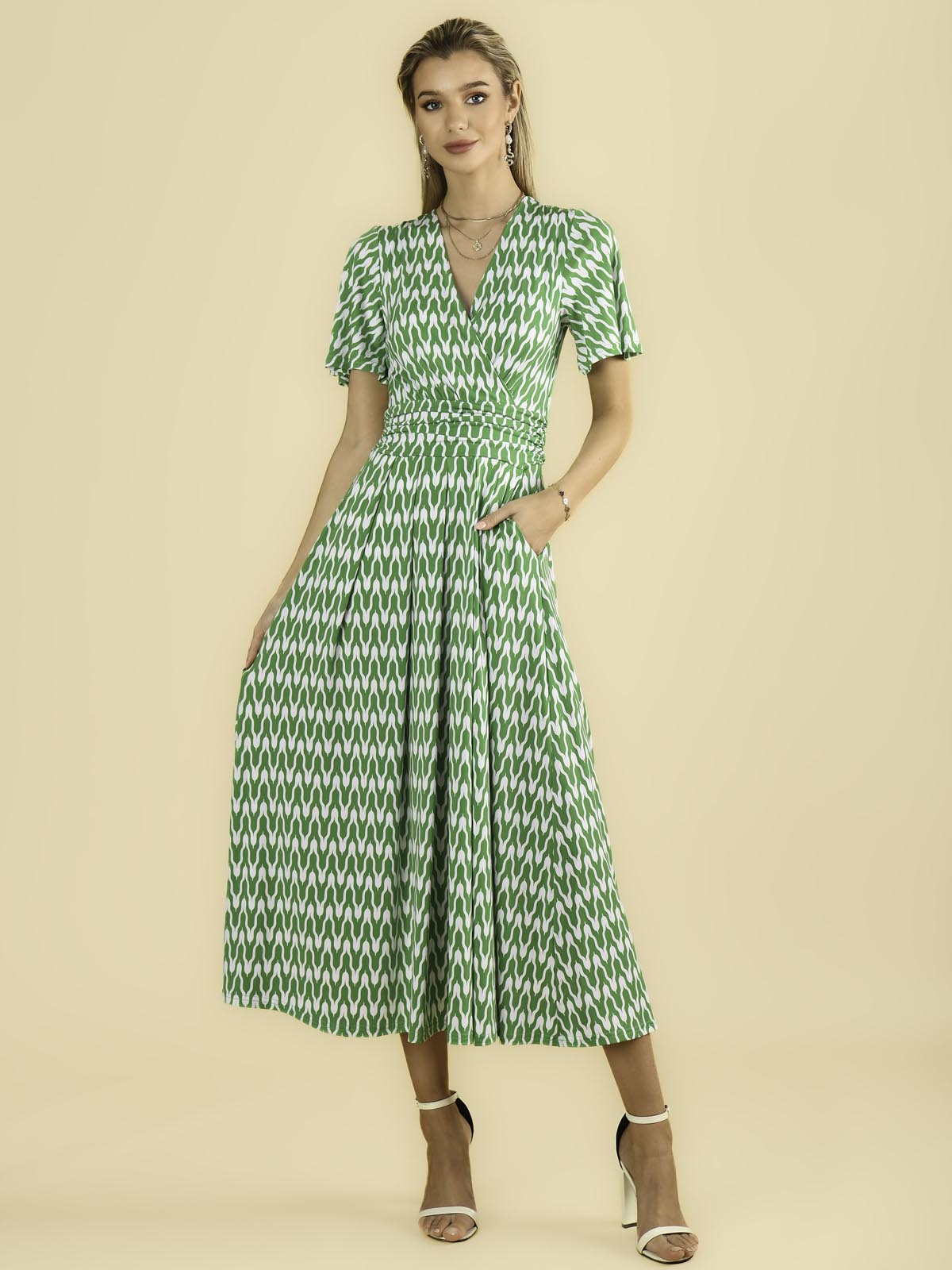Jaylynn Flare Sleeve Jersey Maxi Dress, Green Geometric