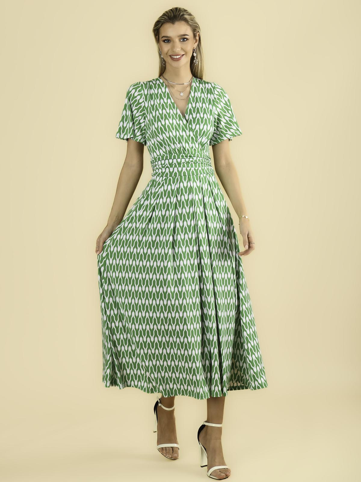 Jaylynn Flare Sleeve Jersey Maxi Dress, Green Geometric