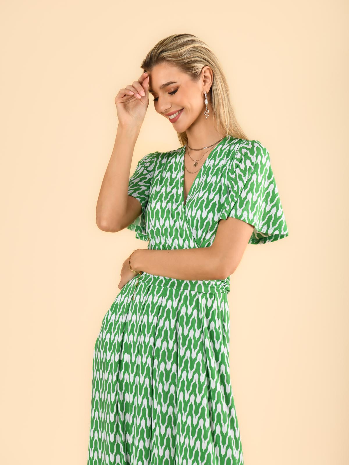 Jaylynn Flare Sleeve Jersey Maxi Dress, Green Geometric