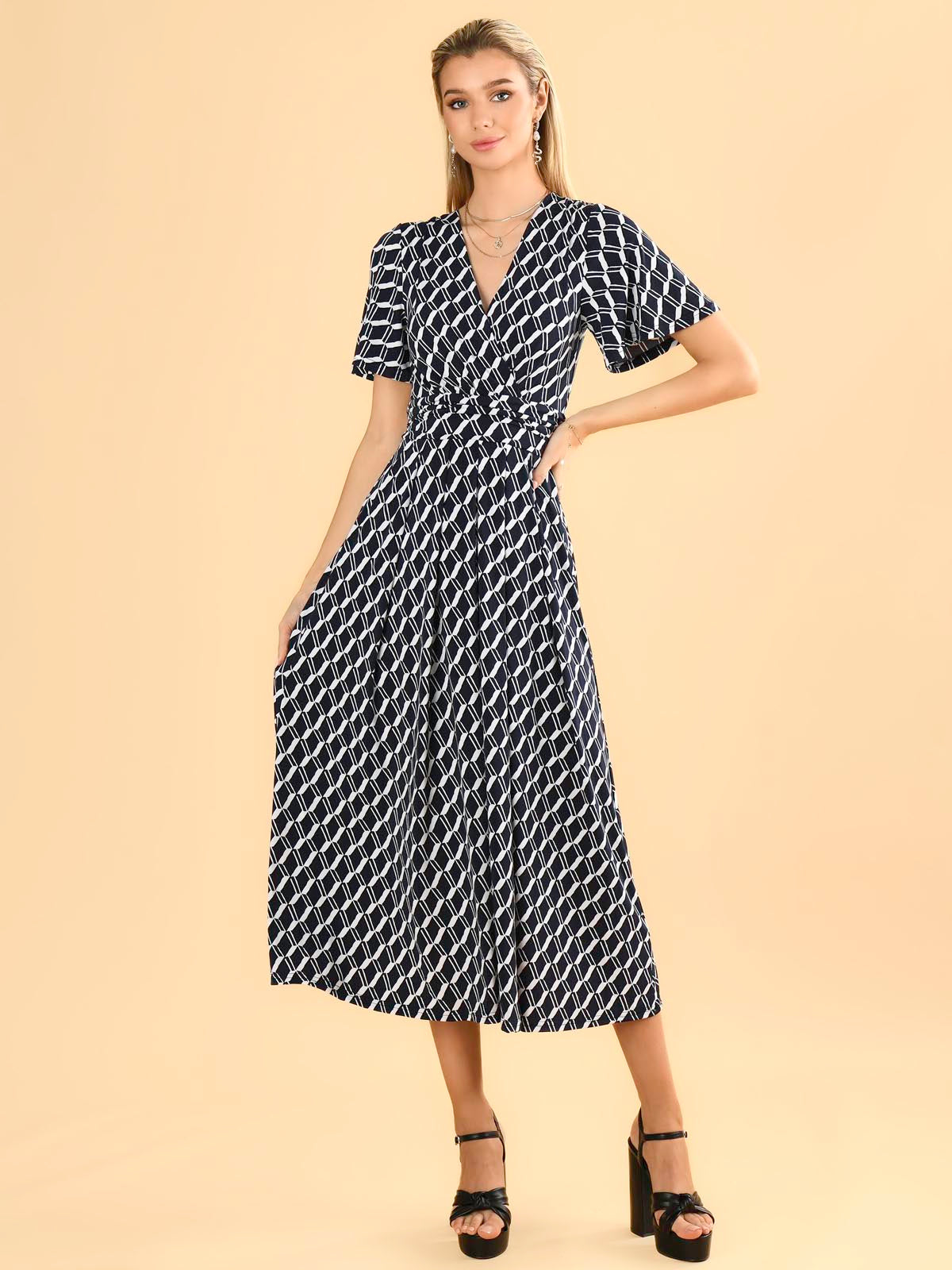 Jaylynn Flare Sleeve Jersey Maxi Dress, Navy Geo