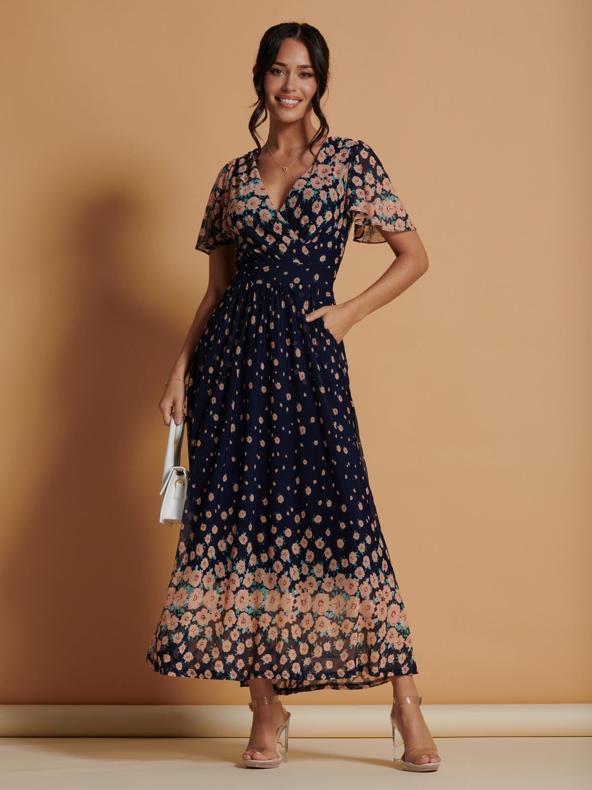 Mirrored Mesh Angel Sleeve Maxi Dress, Navy Floral