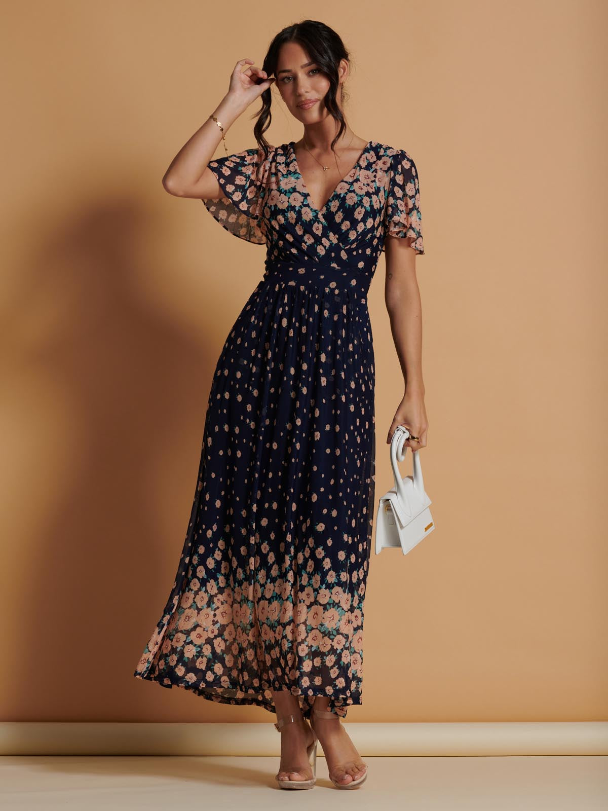 Mirrored Mesh Angel Sleeve Maxi Dress, Navy Floral