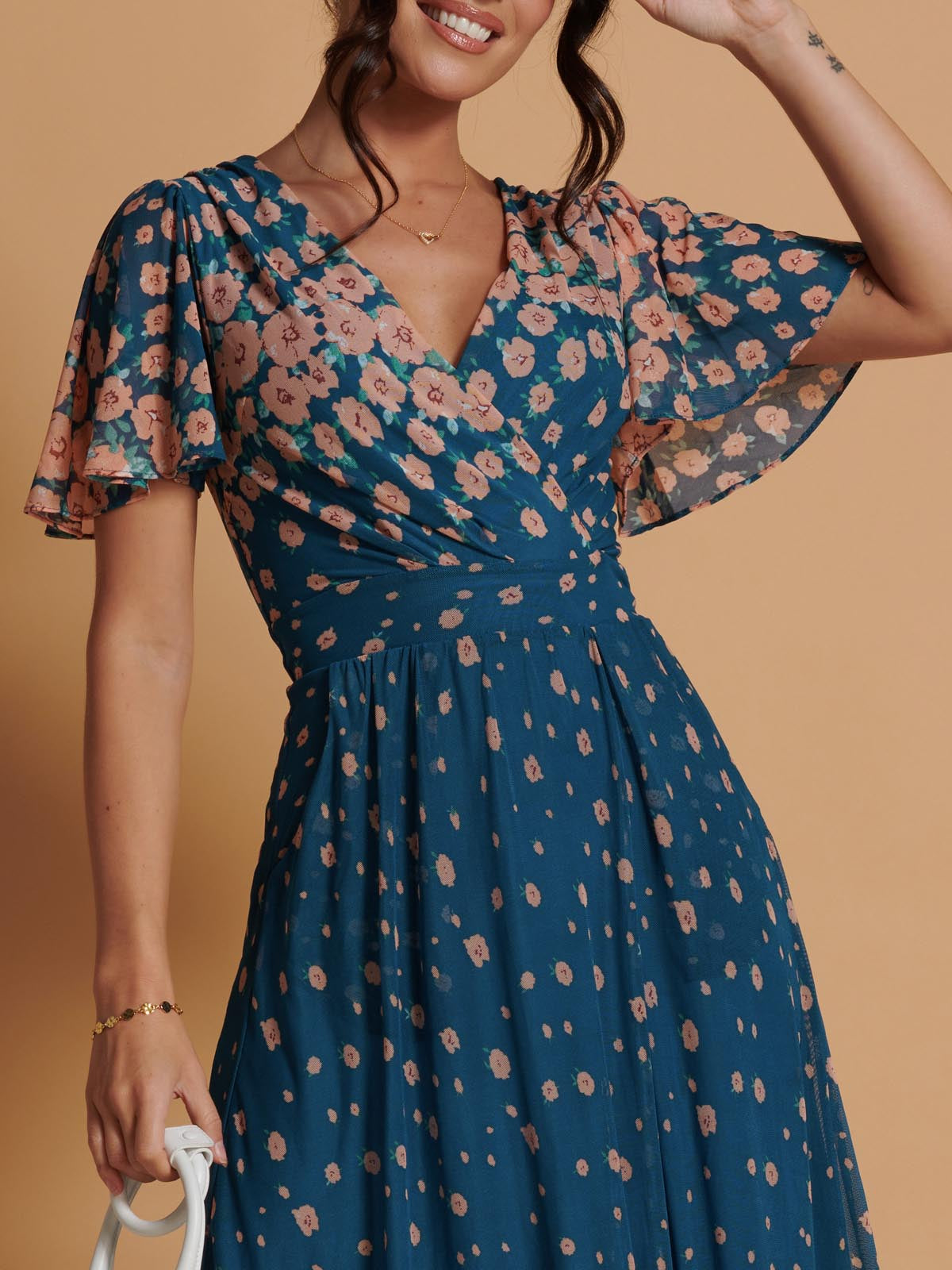 Mirrored Mesh Angel Sleeve Maxi Dress, Teal