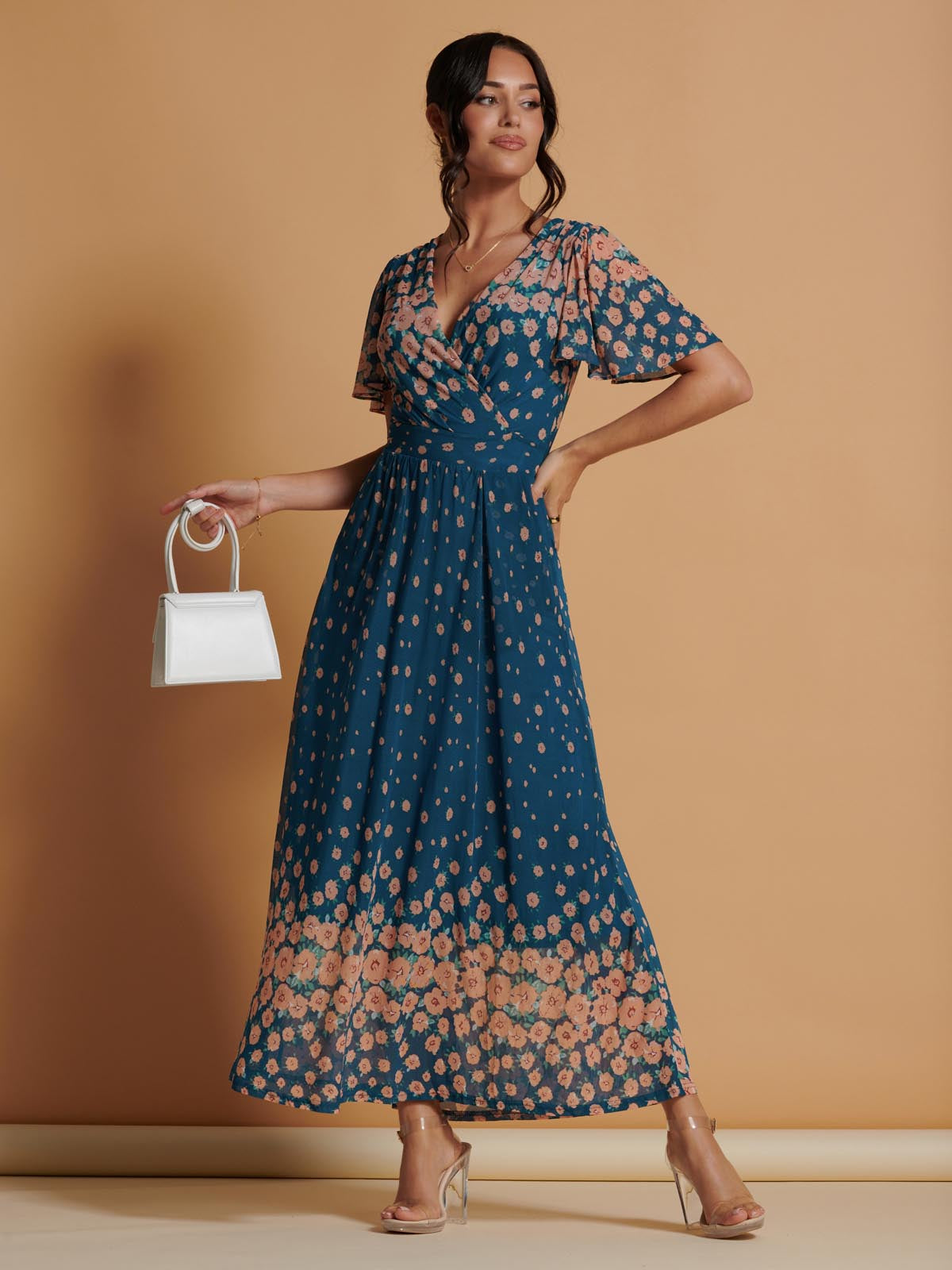 Mirrored Mesh Angel Sleeve Maxi Dress, Teal