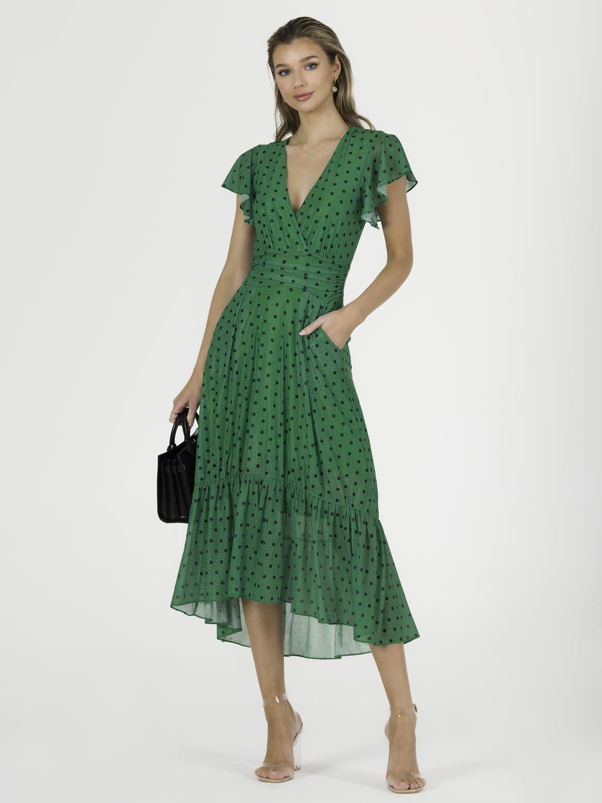 Leena Mesh Cap Sleeve Tiered Maxi Dress, Green Polka