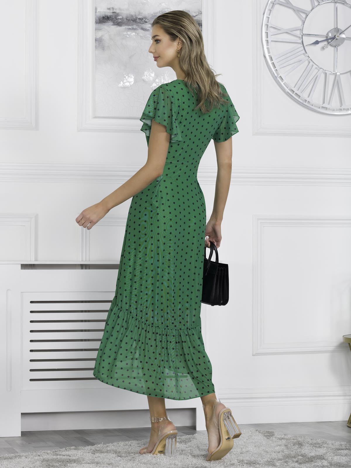 Leena Mesh Cap Sleeve Tiered Maxi Dress, Green Polka