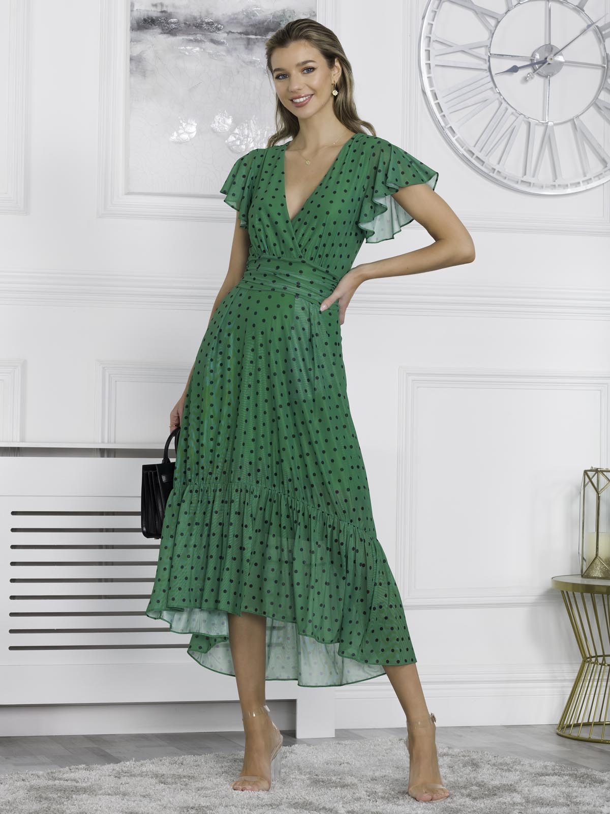 Leena Mesh Cap Sleeve Tiered Maxi Dress, Green Polka
