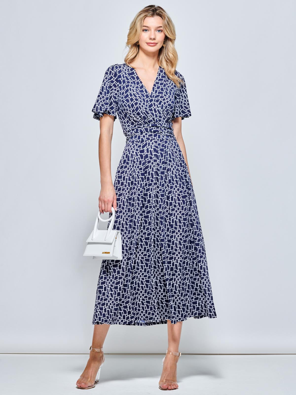 Angel Sleeve Jersey Maxi Dress, Navy Geo