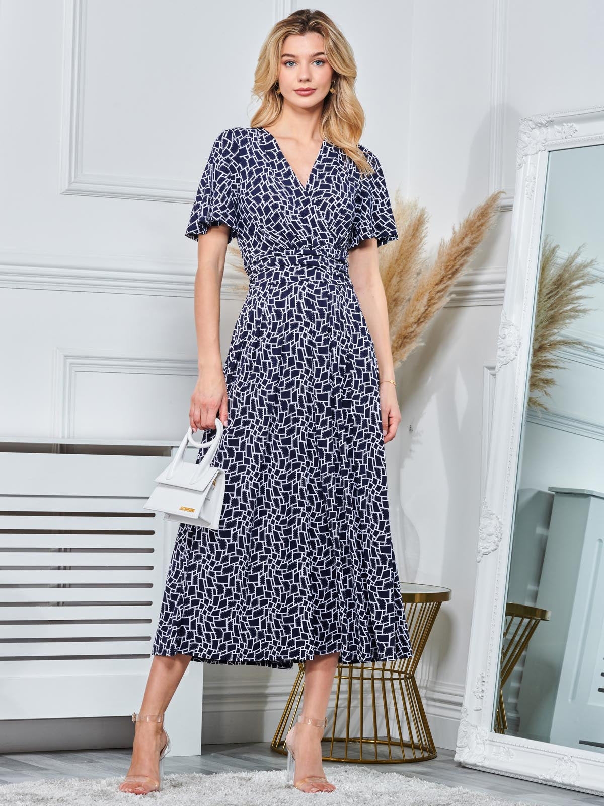 Angel Sleeve Jersey Maxi Dress, Navy Geo
