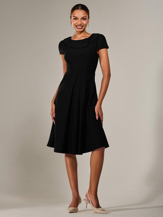 Roll Collar Cap Sleeve Midi Dress, Black