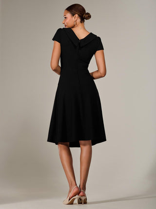 Roll Collar Cap Sleeve Midi Dress, Black