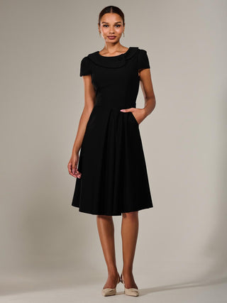 Roll Collar Cap Sleeve Midi Dress, Black