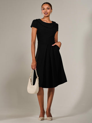 Roll Collar Cap Sleeve Midi Dress, Black