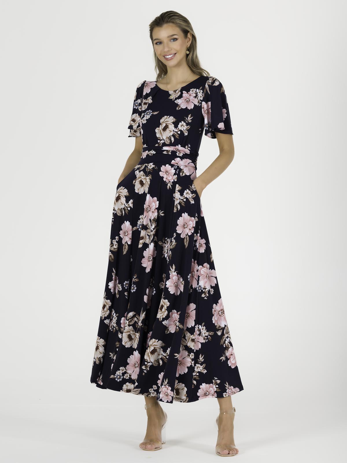 Hailey Jersey Angel Sleeve Maxi Dress, Navy Floral