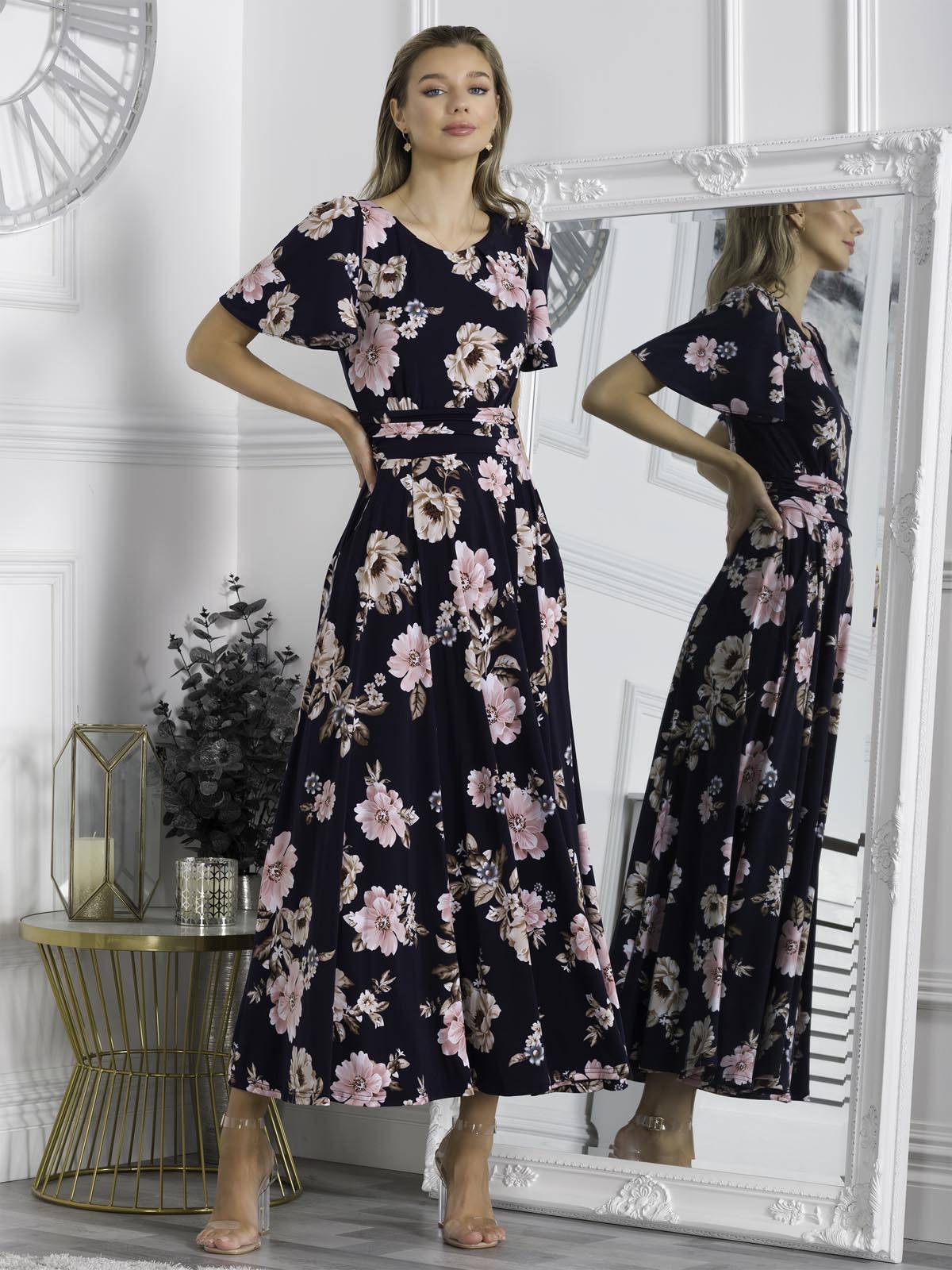 Hailey Jersey Angel Sleeve Maxi Dress, Navy Floral