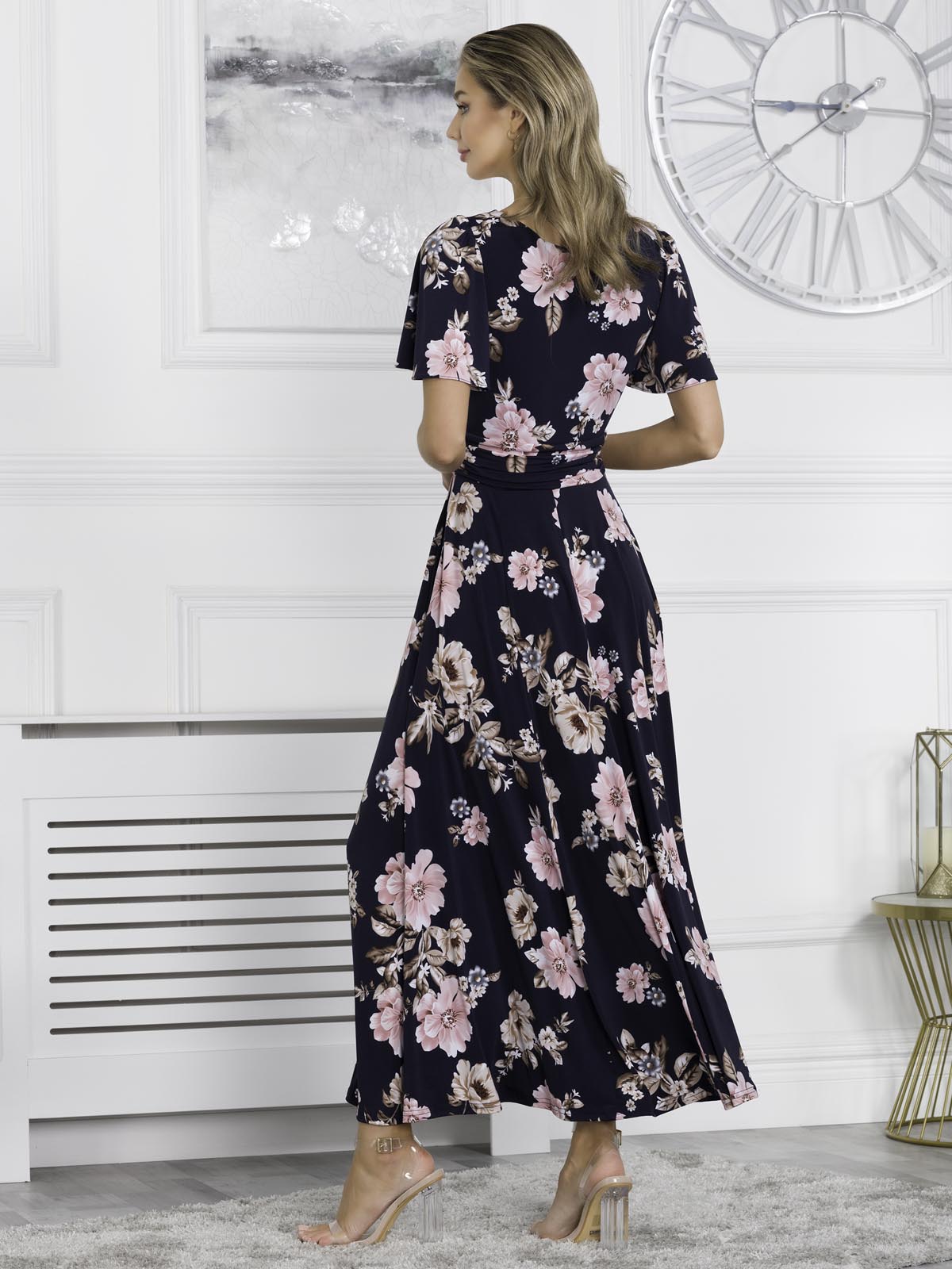 Hailey Jersey Angel Sleeve Maxi Dress, Navy Floral
