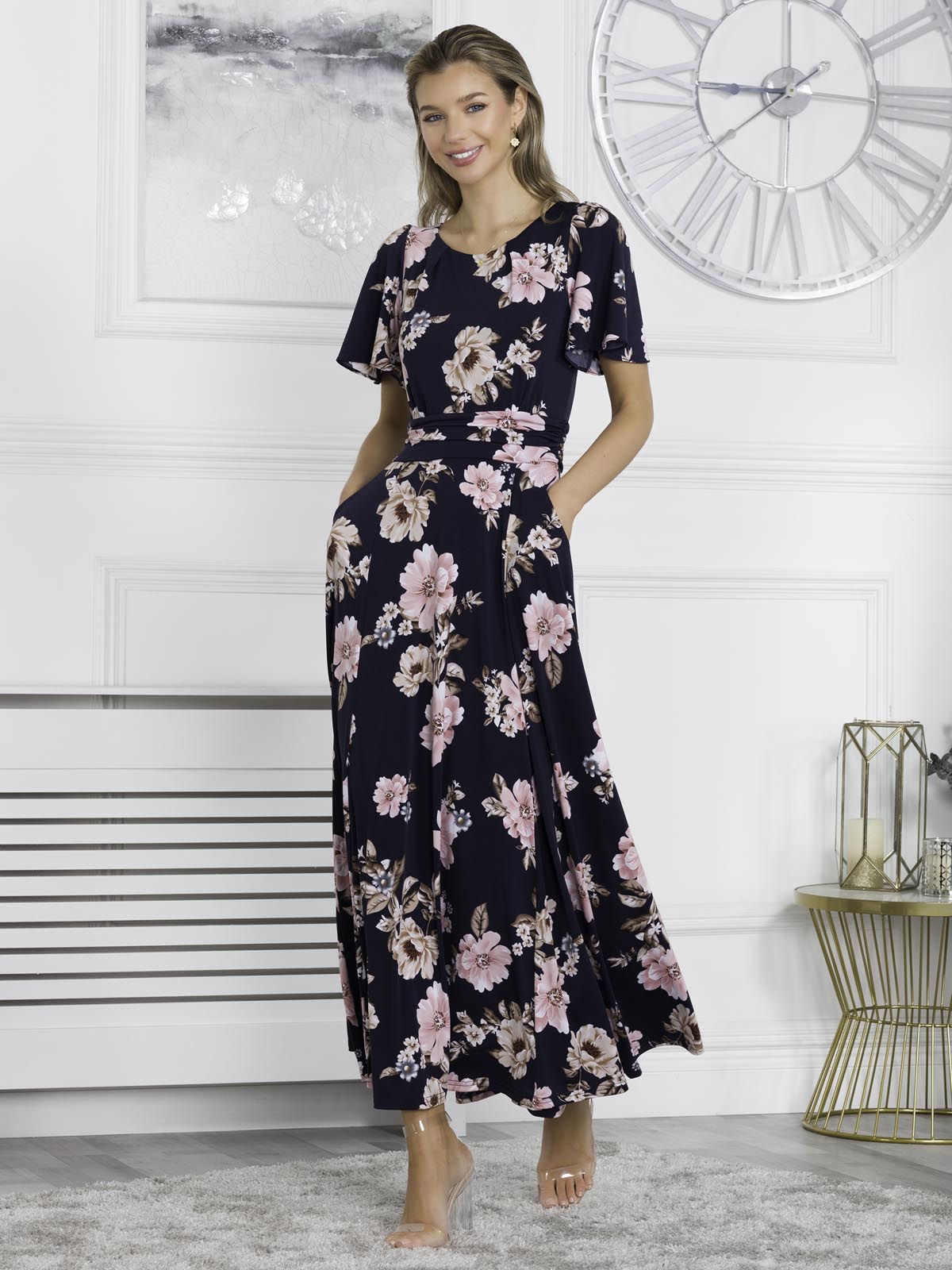 Hailey Jersey Angel Sleeve Maxi Dress, Navy Floral