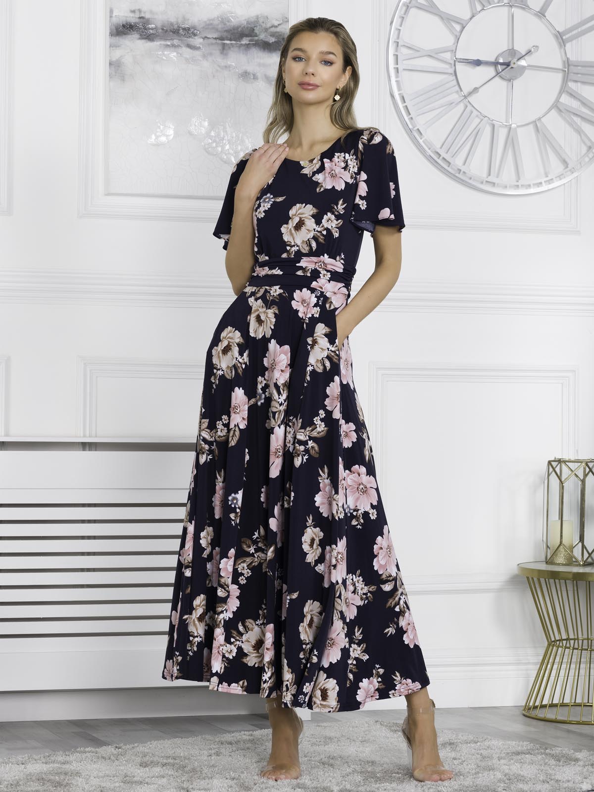 Hailey Jersey Angel Sleeve Maxi Dress, Navy Floral