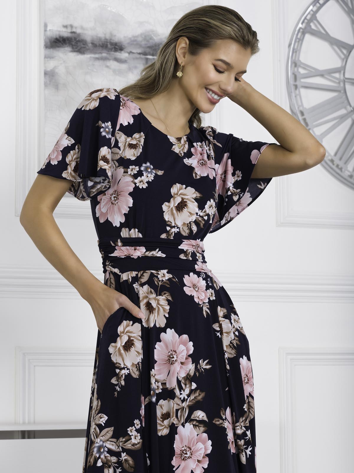 Hailey Jersey Angel Sleeve Maxi Dress, Navy Floral