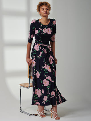 Goldie 3/4 Sleeve Jersey Maxi Dress, Navy Floral