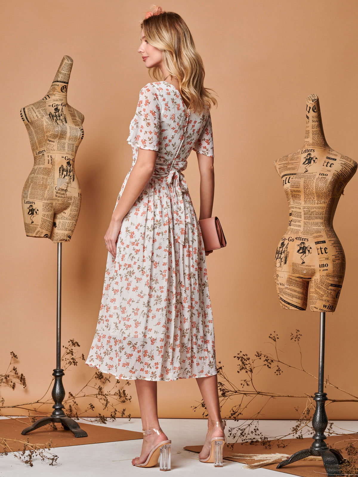 Angel Sleeve Metallic Chiffon Midi Dress, Cream Floral