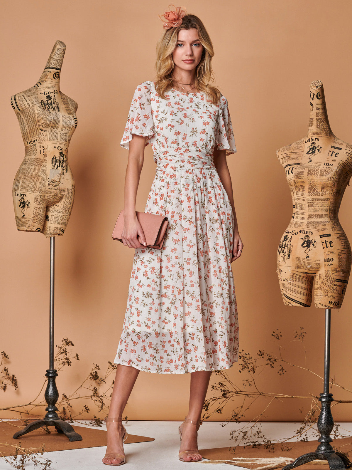 Angel Sleeve Metallic Chiffon Midi Dress, Cream Floral