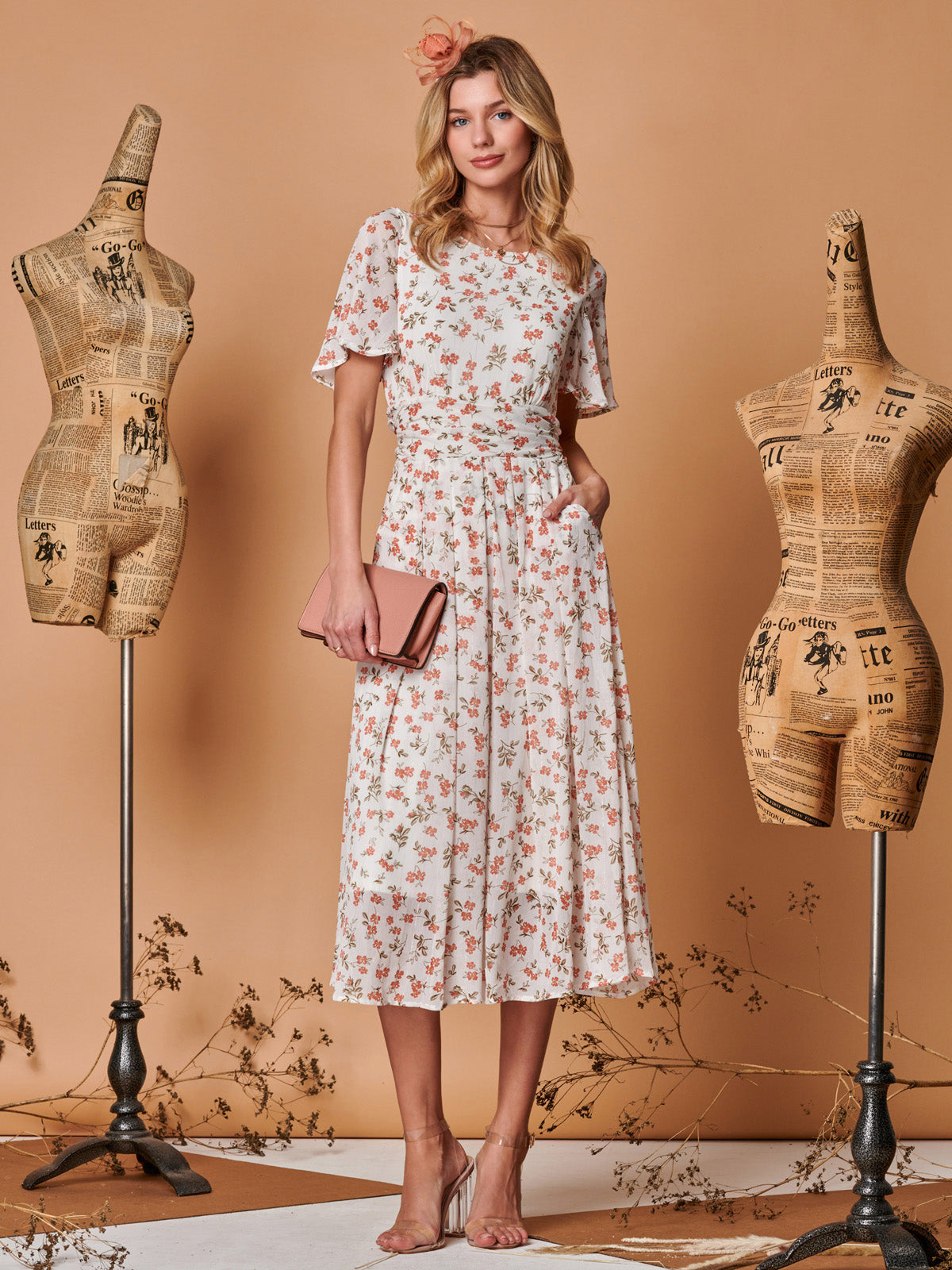 Angel Sleeve Metallic Chiffon Midi Dress, Cream Floral