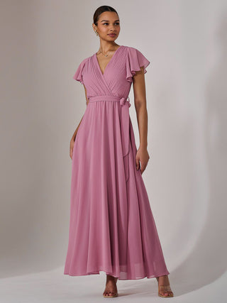 Chiffon Flutter Sleeve Maxi Dress, Dusty Pink