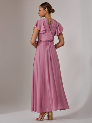 Chiffon Flutter Sleeve Maxi Dress, Dusty Pink