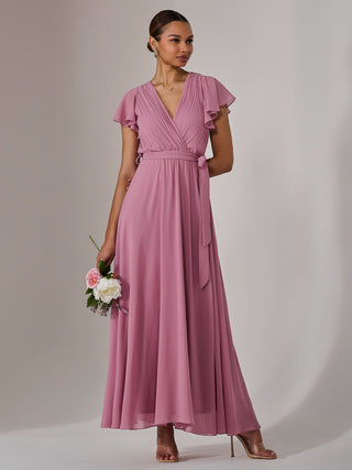 Chiffon Flutter Sleeve Maxi Dress, Dusty Pink