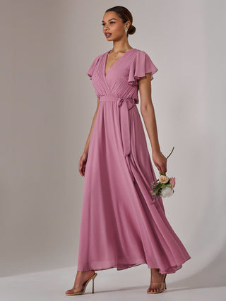Chiffon Flutter Sleeve Maxi Dress, Dusty Pink