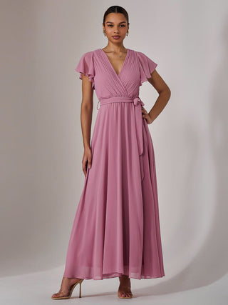 Chiffon Flutter Sleeve Maxi Dress, Dusty Pink