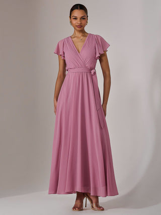 Chiffon Flutter Sleeve Maxi Dress, Dusty Pink
