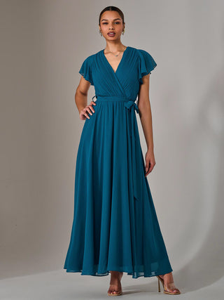 Chiffon Flutter Sleeve Maxi Dress, Teal
