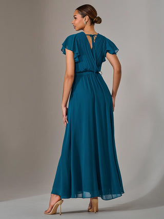 Chiffon Flutter Sleeve Maxi Dress, Teal