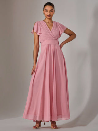 Chiffon Pleated Maxi Dress, Dusty Pink