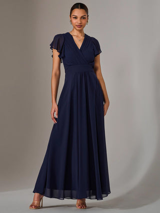 Chiffon Pleated Maxi Dress, Navy