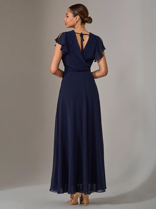 Chiffon Pleated Maxi Dress, Navy