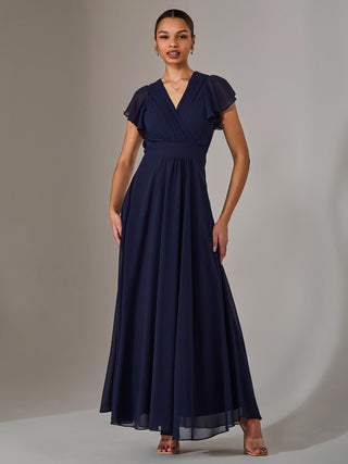 Chiffon Pleated Maxi Dress, Navy