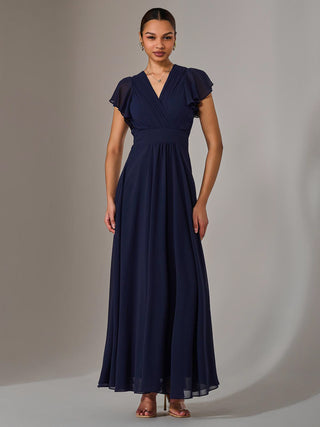 Chiffon Pleated Maxi Dress, Navy