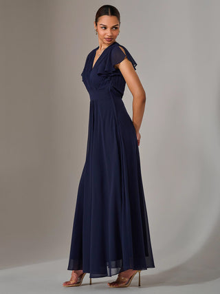 Chiffon Pleated Maxi Dress, Navy