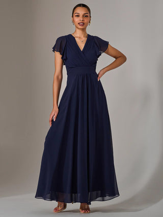 Chiffon Pleated Maxi Dress, Navy