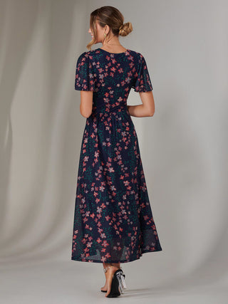 Mesh Short Sleeve Midaxi Dress, Navy Floral